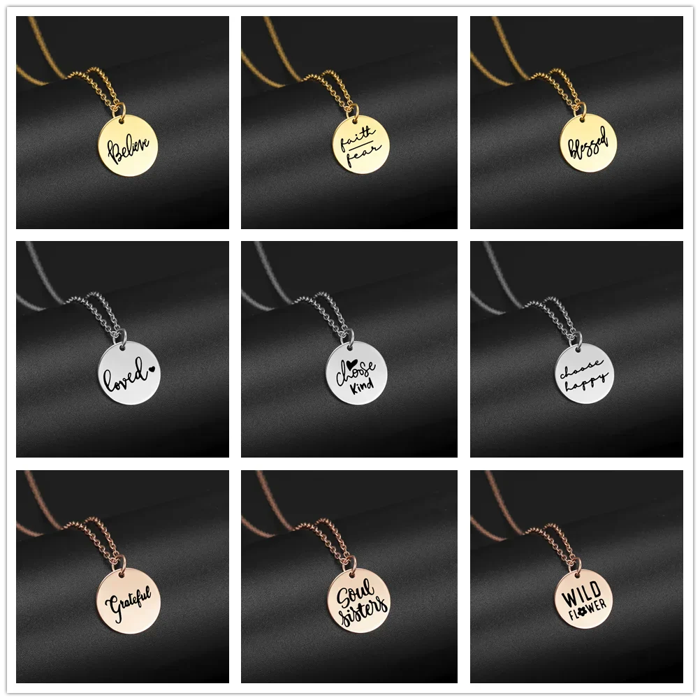 My Shape Faith Hope Love Excitement Stainless Steel Necklace for Women Small Round Pendant Choker Gift Best Friends