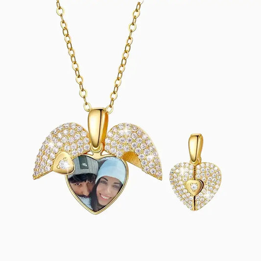 Angel Wing Heart Photo Locket Necklace: Hold Memories Close - Gold / 16in