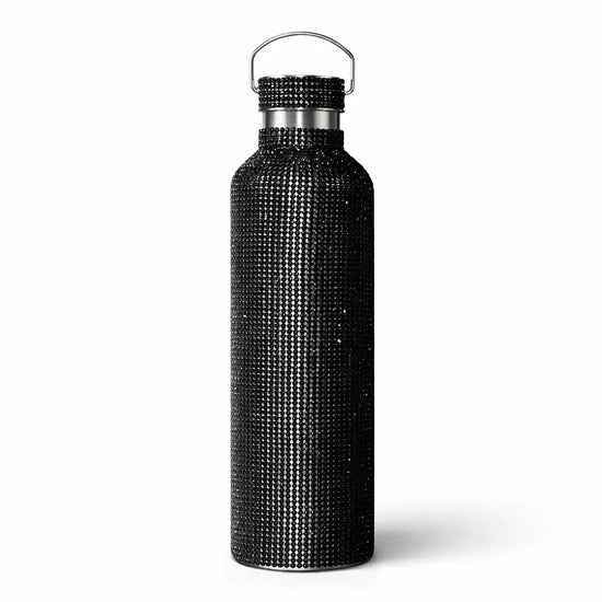 Black rhinestone-adorned stainless steel water bottle with a silver handle and cap.
