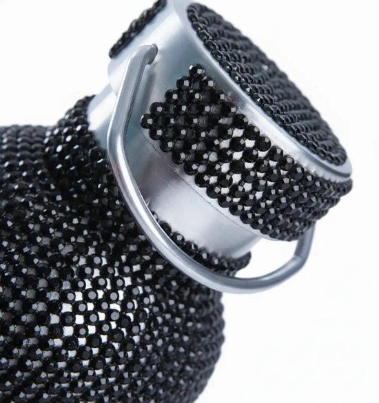 Black rhinestone-adorned water bottle with a silver-toned cap and handle.