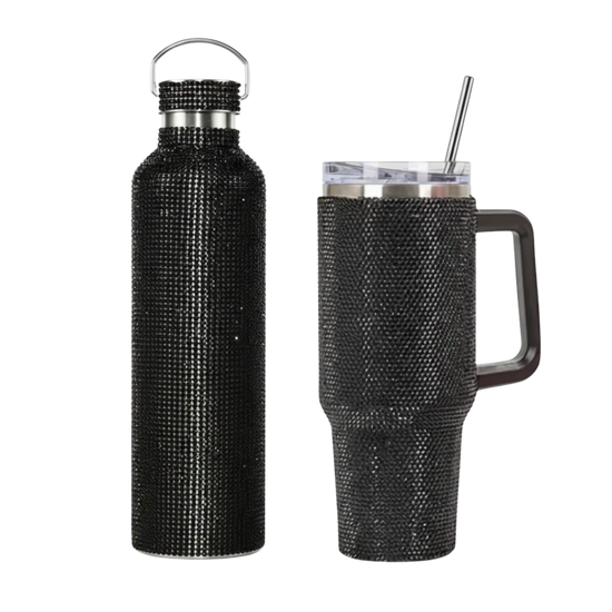 Black rhinestone-encrusted insulated water bottle with a silver handle and lid.