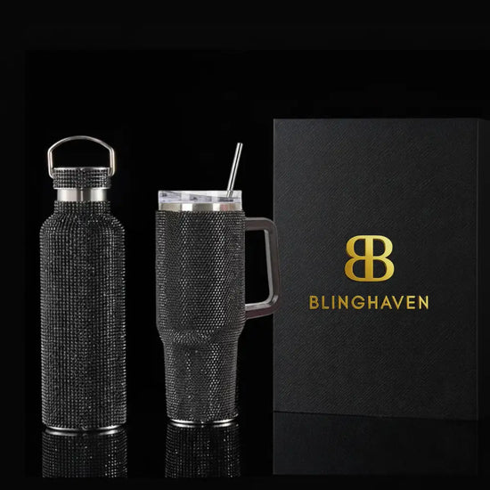 Blinghaven black rhinestone water bottle and tumbler set with handle and straw.