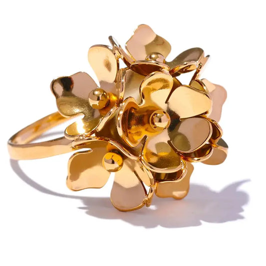 Yhpup Fashion Stainless Steel Stereoscopic Flower Metal Chic Adjustable Ring Women Charm Golden Rust Proof Daily Jewelry Bijoux