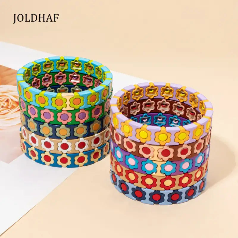 New Design Colorful Flower Charms Bangle For Women Handmade Bohemian Elastic Bracelets Metal Beads Jewelry