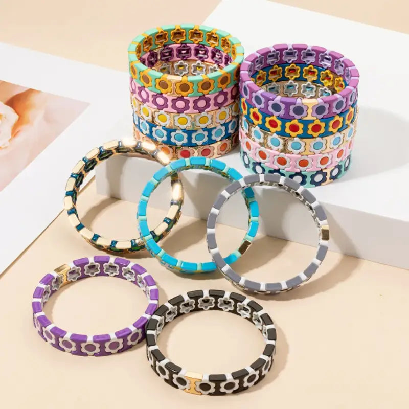 New Design Colorful Flower Charms Bangle For Women Handmade Bohemian Elastic Bracelets Metal Beads Jewelry