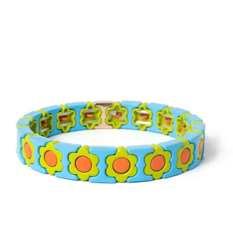 New Design Colorful Flower Charms Bangle For Women Handmade Bohemian Elastic Bracelets Metal Beads Jewelry - 7.5 Inches