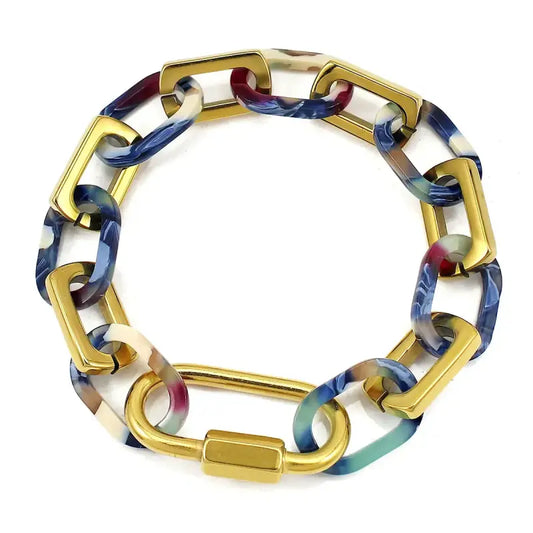 Bold Multi-Colored Resin Chain Link Gold Bracelet - Jewelry