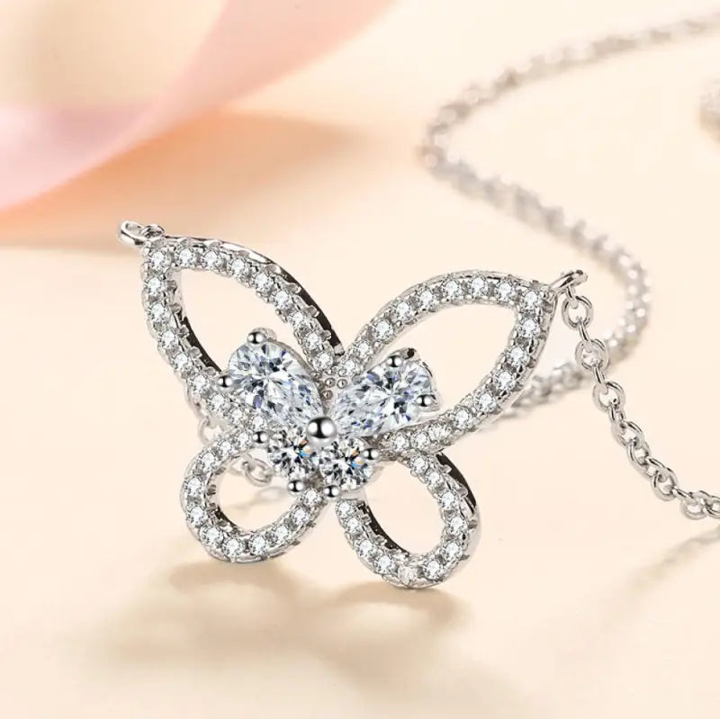 Butterfly Pendant Moissanite Necklace - Silver - Jewelry