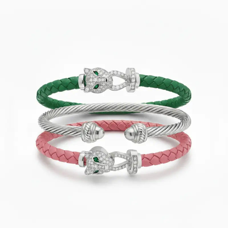 Cheetah Bangle Trio — Pink & Green Edition - Silver / Extra Large - Jewelry