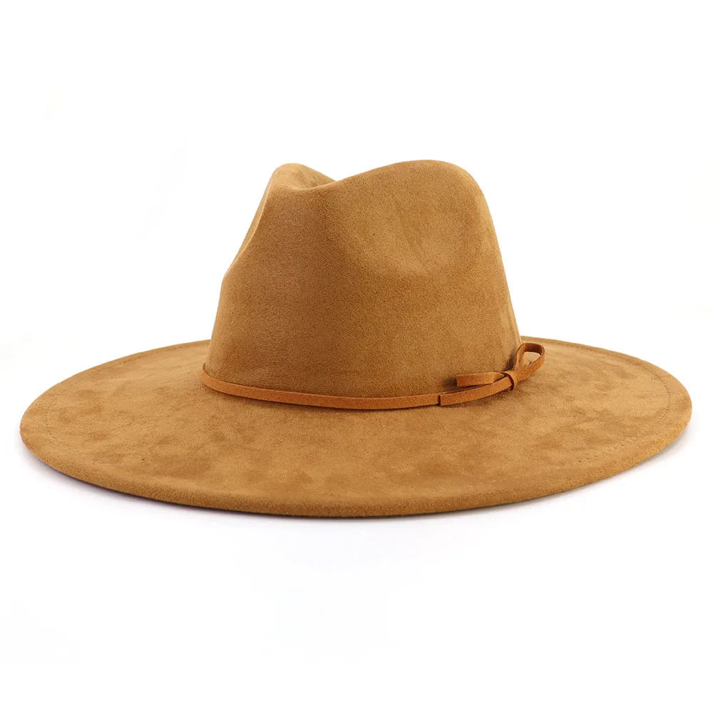 Suede fedora hat with same color accessories teardrop top wide brim for men and women Panama chapeau homme sombrero