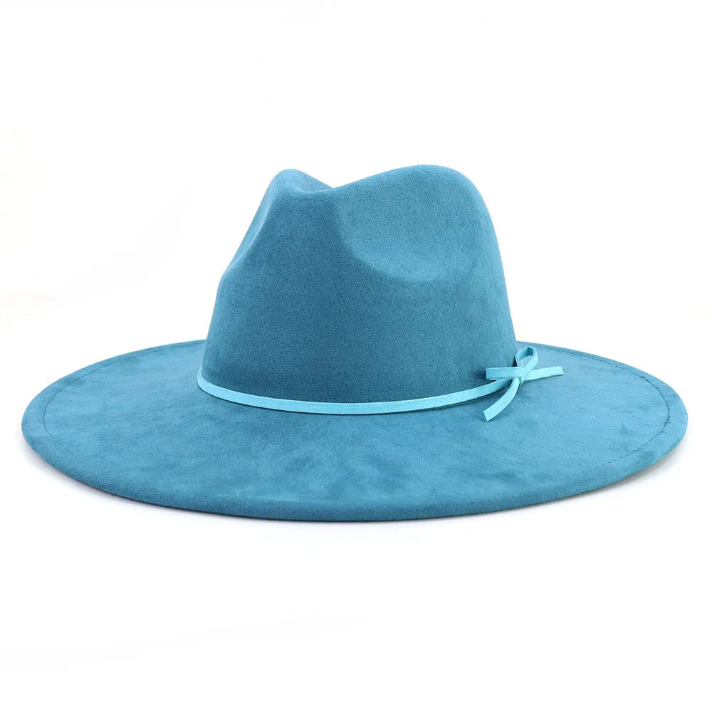 Suede fedora hat with same color accessories teardrop top wide brim for men and women Panama chapeau homme sombrero