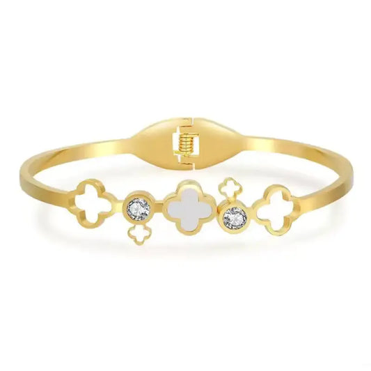 Clover Charm Bangle Bracelet with Bezel-Set Cubic Zirconia - Gold