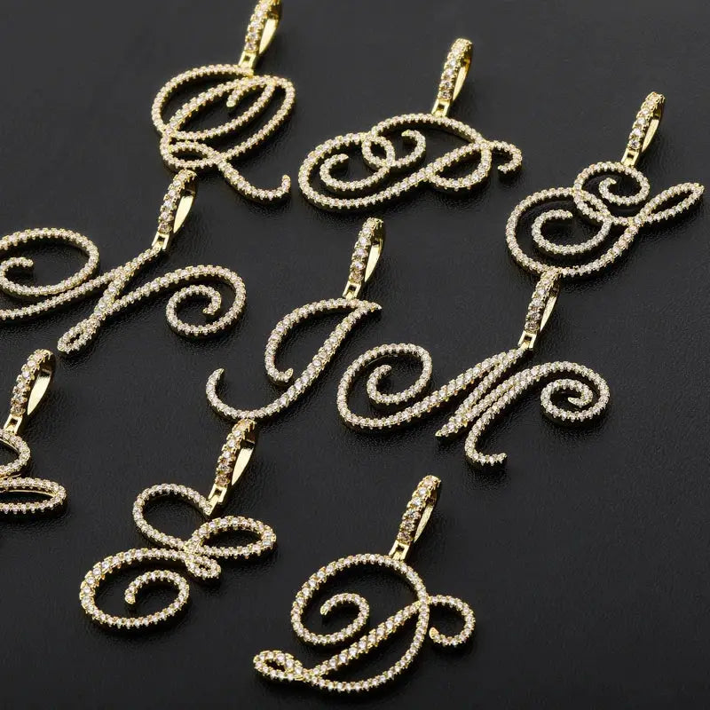 Cursive Letter Alpha Pendant with Cubic Zirconia | 18k Gold Plated