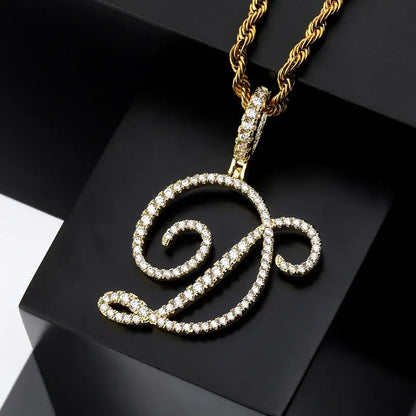 Cursive Letter Alpha Pendant with Cubic Zirconia | 18k Gold Plated