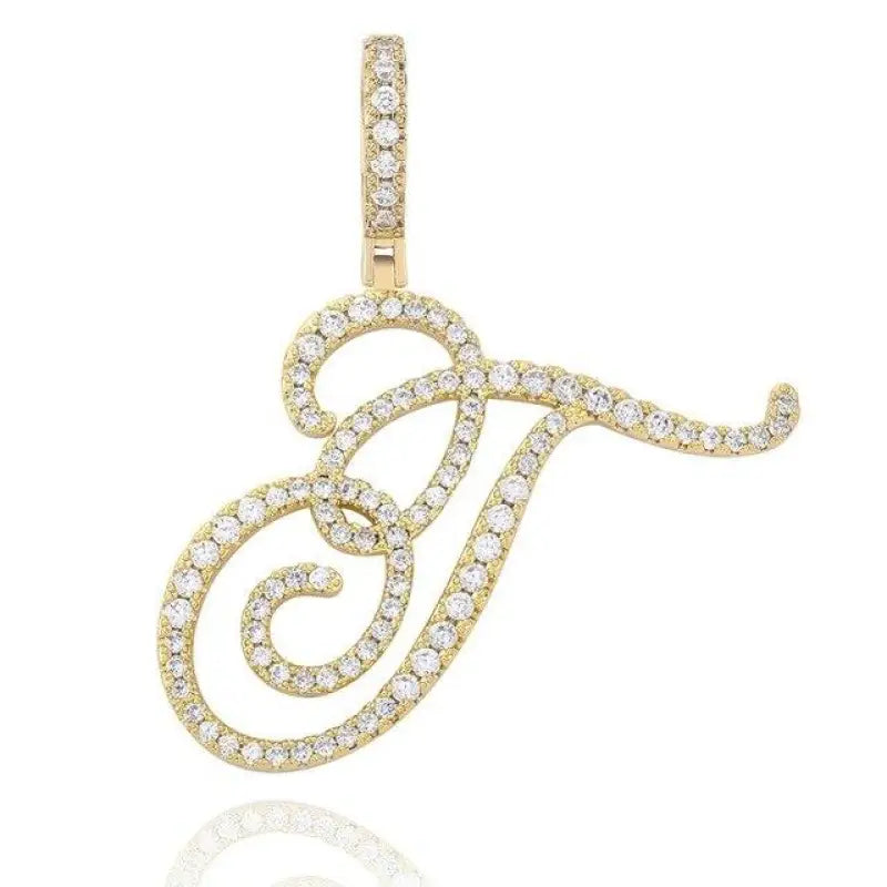 Cursive Letter Alpha Pendant with Cubic Zirconia | 18k Gold Plated - Gold / T