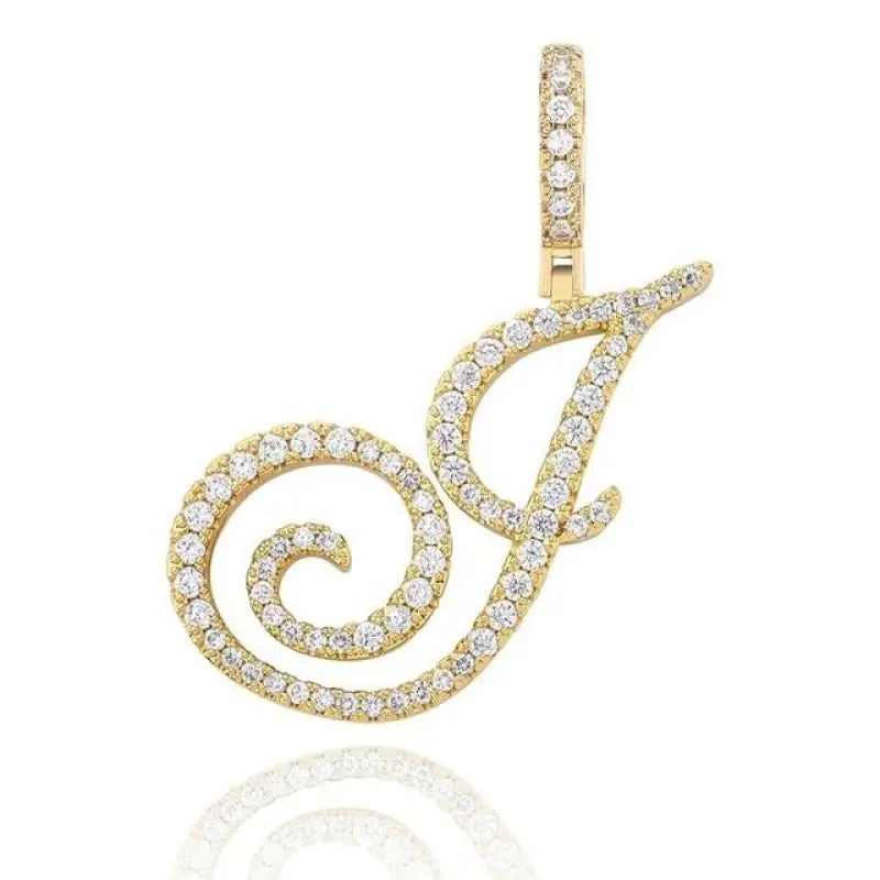 Cursive Letter Alpha Pendant with Cubic Zirconia | 18k Gold Plated - Gold / J