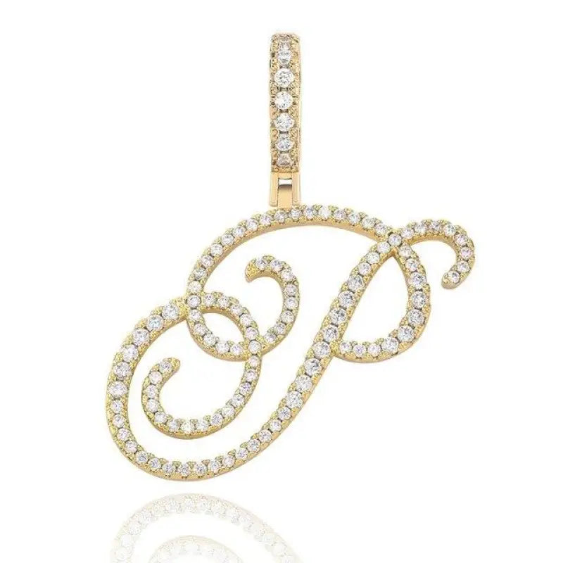 Cursive Letter Alpha Pendant with Cubic Zirconia | 18k Gold Plated - Gold / P