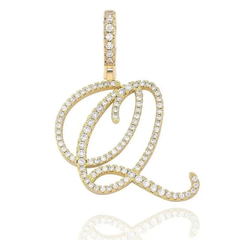 Cursive Letter Alpha Pendant with Cubic Zirconia | 18k Gold Plated - Gold / Q