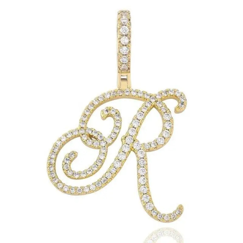 Cursive Letter Alpha Pendant with Cubic Zirconia | 18k Gold Plated - Gold / R