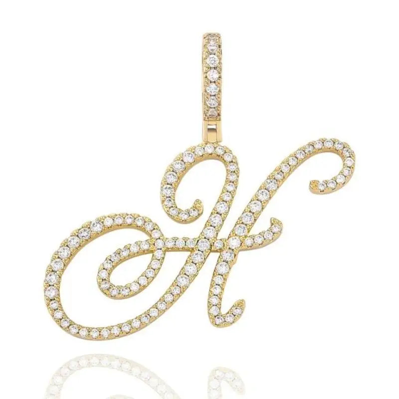 Cursive Letter Alpha Pendant with Cubic Zirconia | 18k Gold Plated - Gold / H