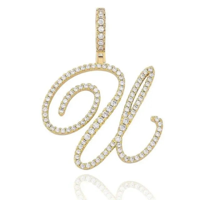 Cursive Letter Alpha Pendant with Cubic Zirconia | 18k Gold Plated - Gold / U