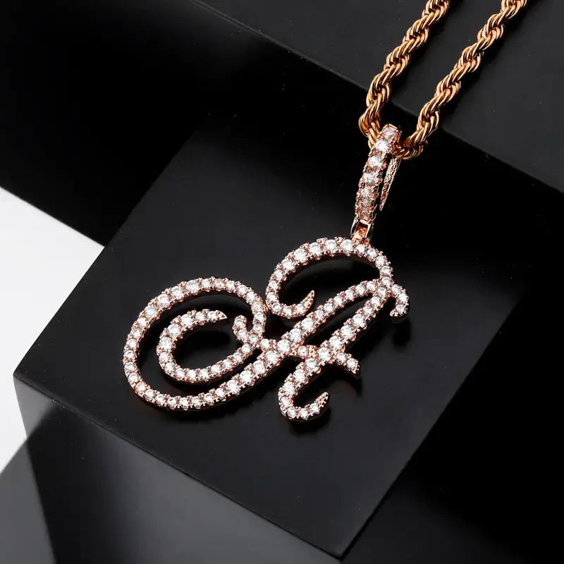 Cursive Letter Alpha Pendant with Cubic Zirconia | 18k Gold Plated - Rose Gold