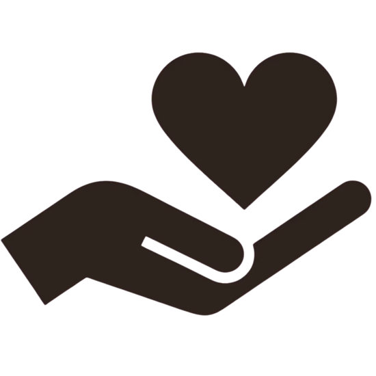 Dark brown stylized icon of a hand gently cradling a heart shape.