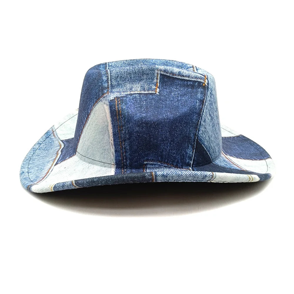 New Fashion Denim Color Matching Top Caps For Men Women Wide Brim Fedora Western Cowboy Hat Autumn Winter Elegant Party