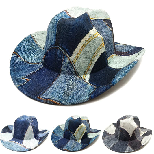 New Fashion Denim Color Matching Top Caps For Men Women Wide Brim Fedora Western Cowboy Hat Autumn Winter Elegant Party