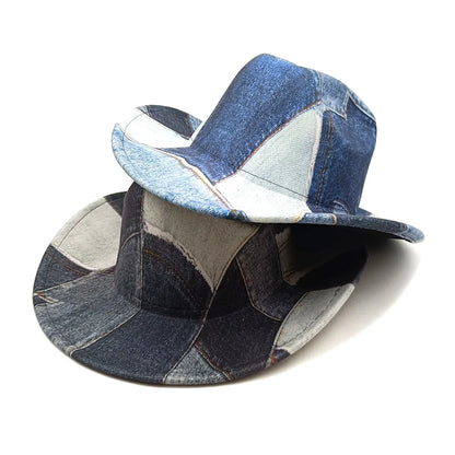 New Fashion Denim Color Matching Top Caps For Men Women Wide Brim Fedora Western Cowboy Hat Autumn Winter Elegant Party