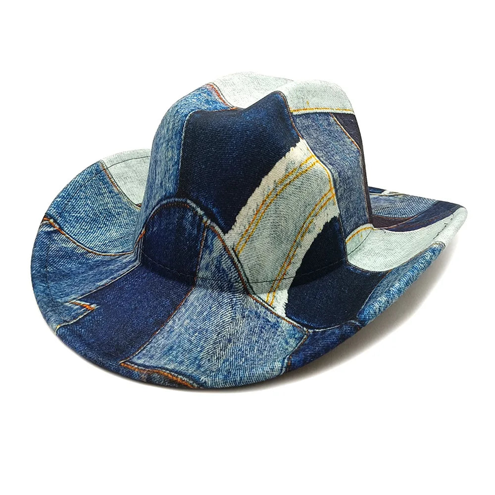 New Fashion Denim Color Matching Top Caps For Men Women Wide Brim Fedora Western Cowboy Hat Autumn Winter Elegant Party