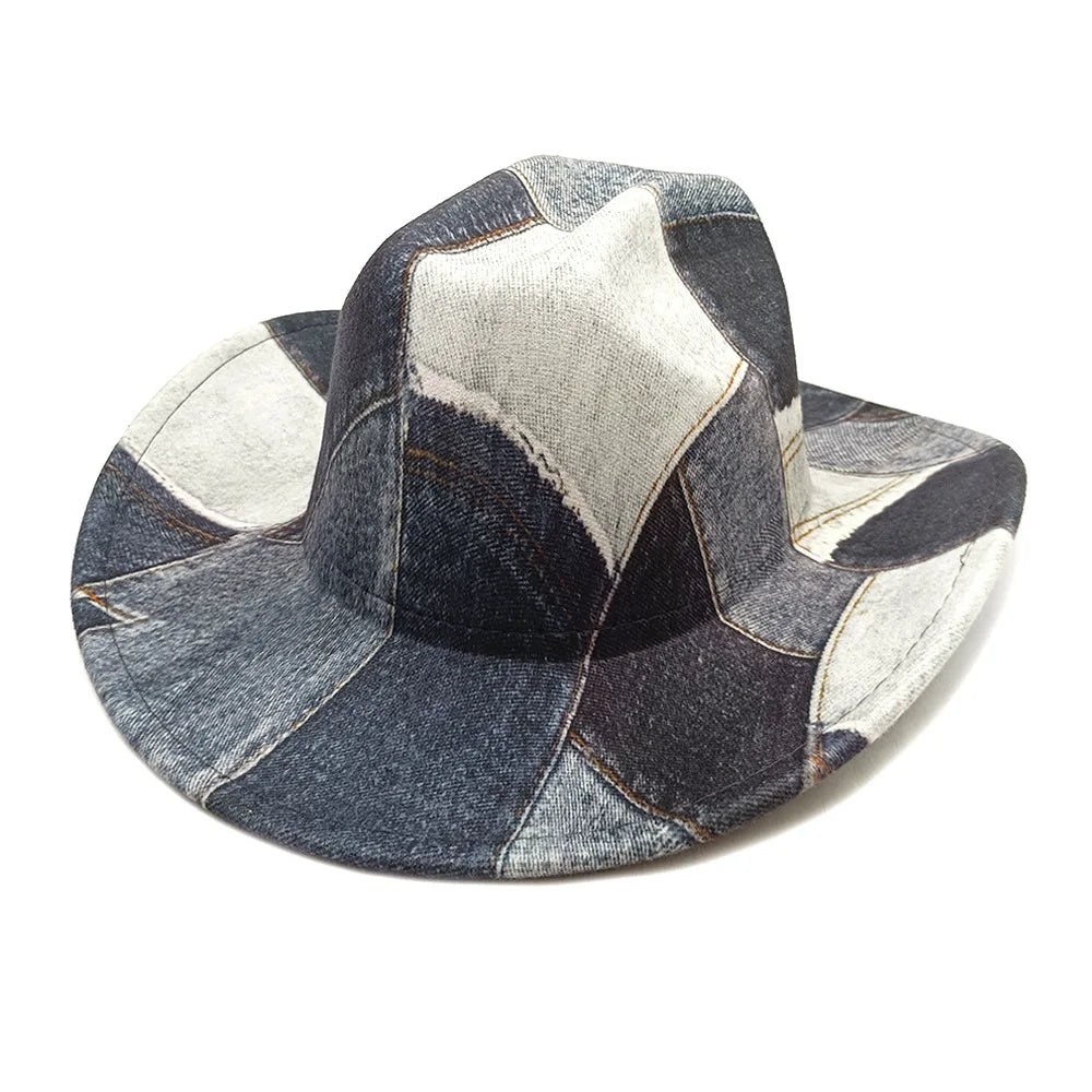 New Fashion Denim Color Matching Top Caps For Men Women Wide Brim Fedora Western Cowboy Hat Autumn Winter Elegant Party