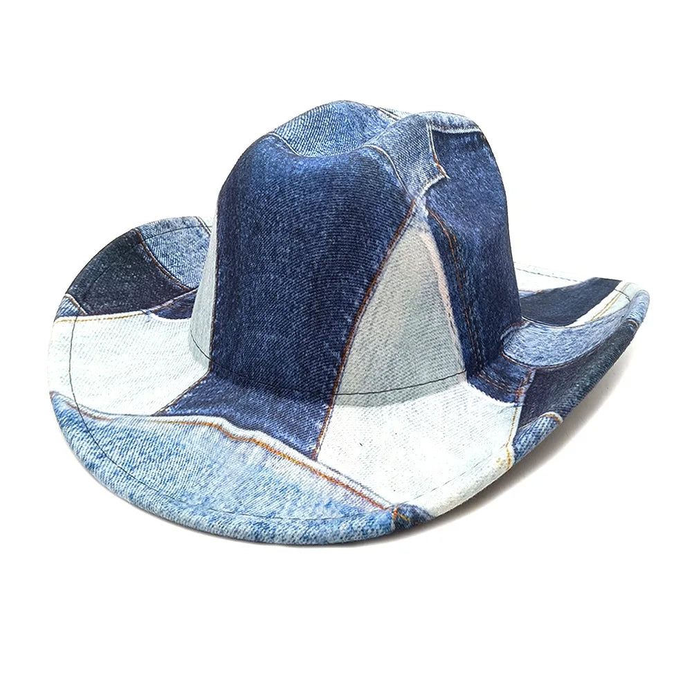 New Fashion Denim Color Matching Top Caps For Men Women Wide Brim Fedora Western Cowboy Hat Autumn Winter Elegant Party