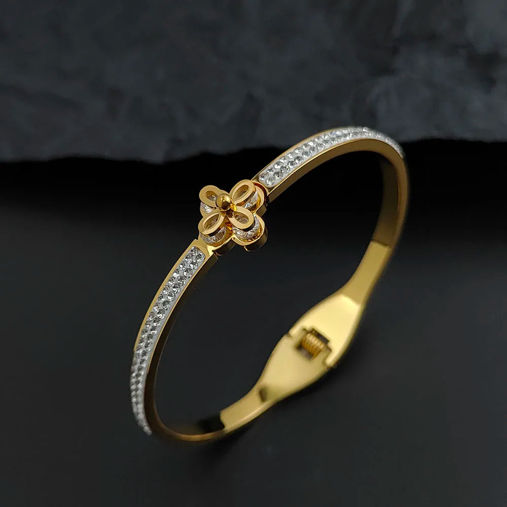 Starry Zircon Four-leaf Clover Stainless Steel Gold Plated Bracelet High Quality Waterproof Silver Girls