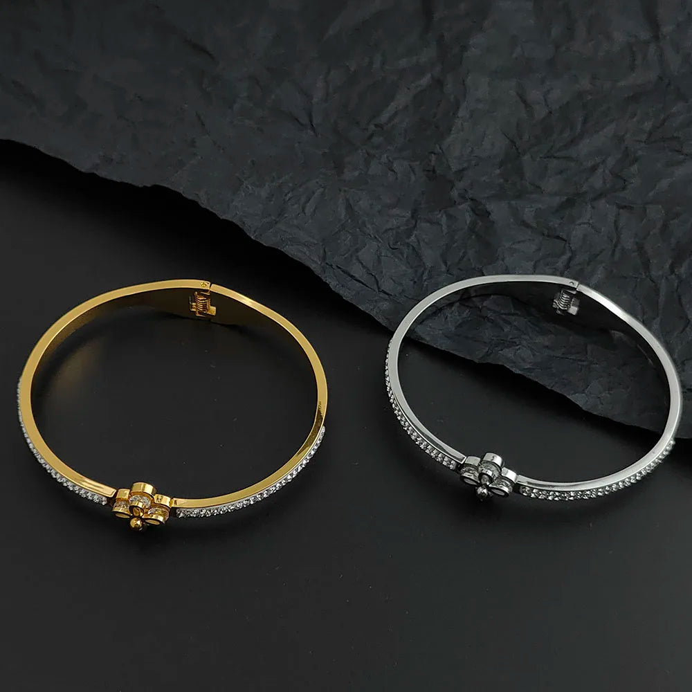 Starry Zircon Four-leaf Clover Stainless Steel Gold Plated Bracelet High Quality Waterproof Silver Girls