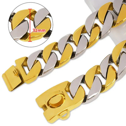 32mm Dog Chain Collar Gold and silver color blocking Stainless Steel Martingale Collars Cuban Chain