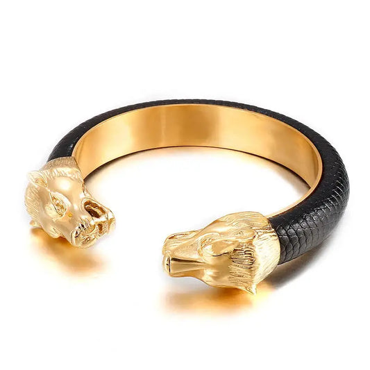 Men's Stainless Steel Wolf Head Leather Cuff Bracelet