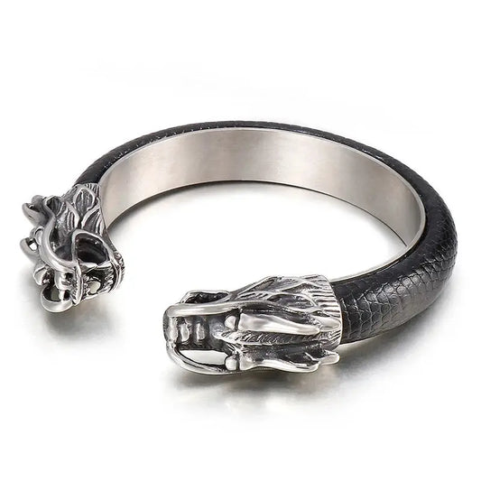 Men's Stainless Steel Dragon Head Leather Cuff Bracelet