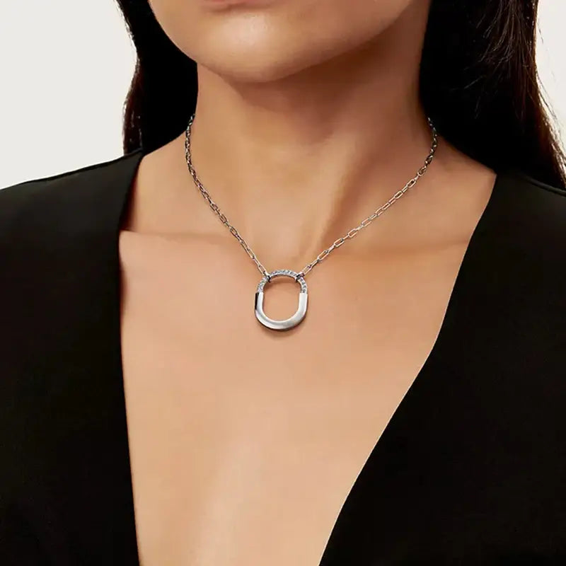 Dual-Tone Paperclip Chain Necklace with Oval Lock Pendant: Bold & Modern