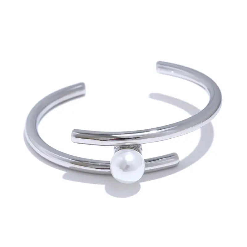 Yhpup 65Mm 316L Stainless Steel Pearl Double Layer Cuff Bracelet Bangle Stylish Unique Design Elegant Wrist Jewellery Gift