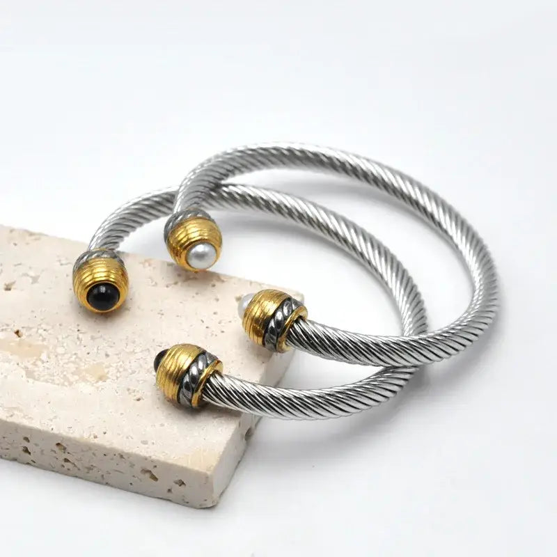 Elegant Cable Bangle Collection with Gemstone Accents - Jewelry