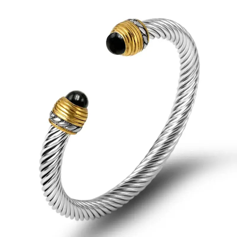 Elegant Cable Bangle Collection with Gemstone Accents - Onyx - Jewelry