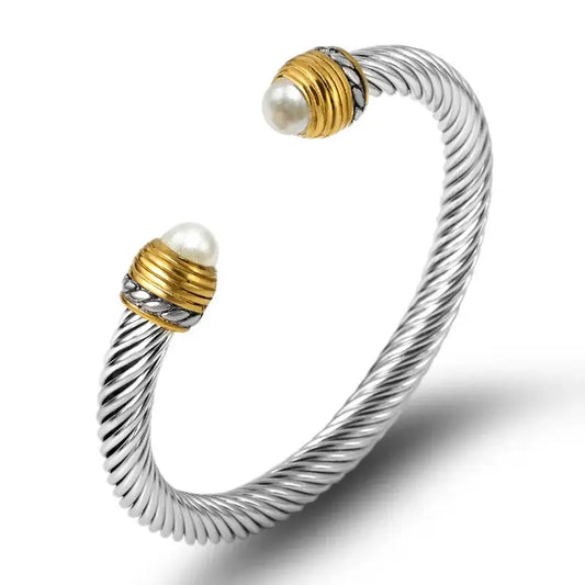 Elegant Cable Bangle Collection with Gemstone Accents - Pearl - Jewelry