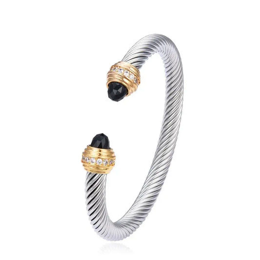 Elegant Cable Bangle Collection with Gemstone Accents | Silver - Onyx - Jewelry