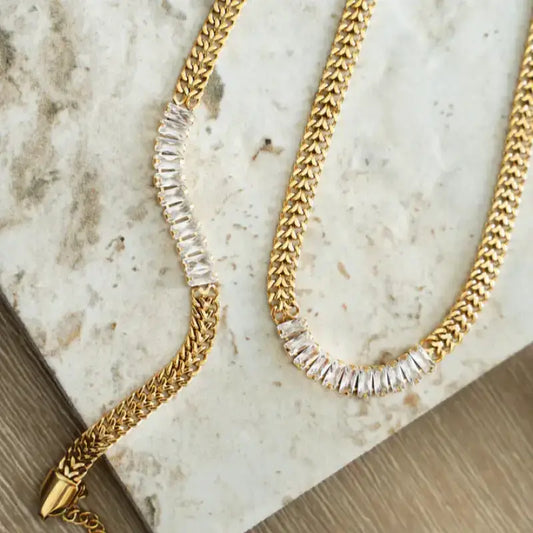 Emerald Luxe Flat Chain Necklace Bracelet Set – Sleek & Sophisticated Sparkle - 18k Gold Plated - Jewelry