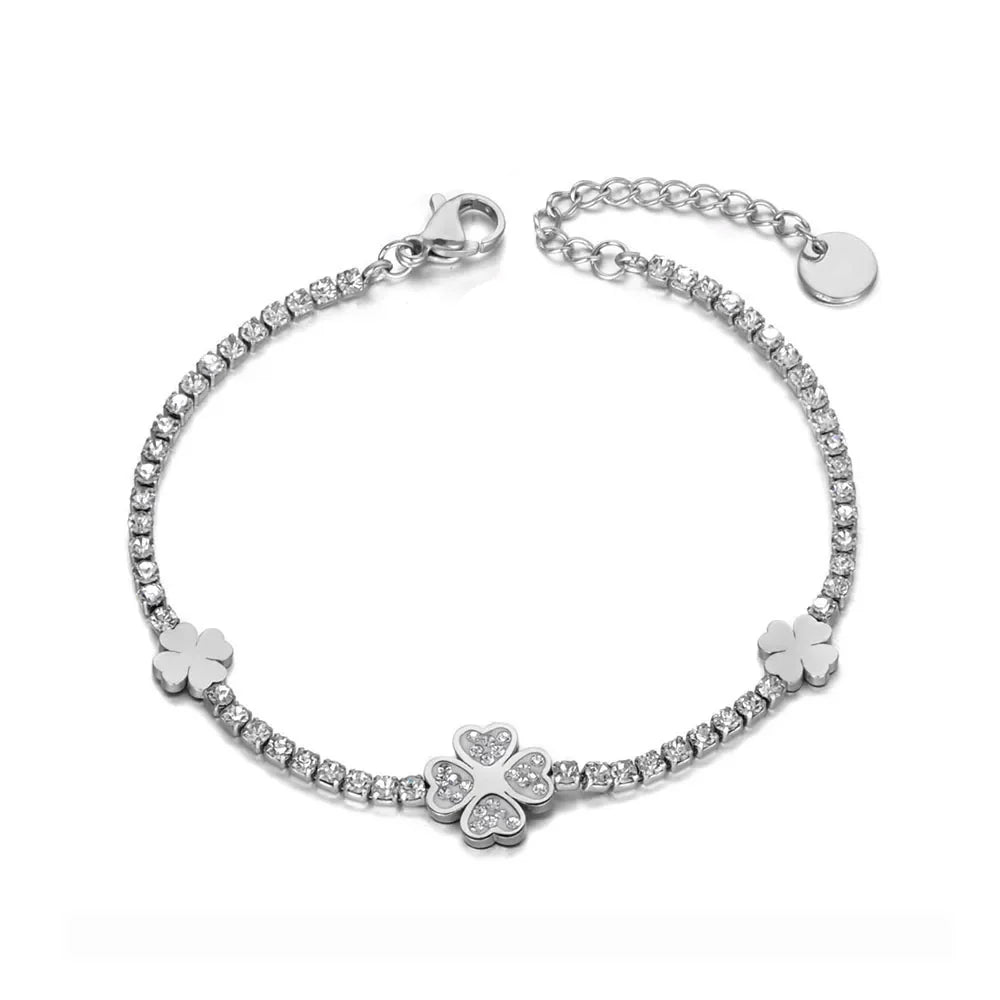 JeeMango Classic Clay Rhinestone Flower Charm Bracelet For Women Stainless Steel CZ Crystal Chain Christmas JB19135