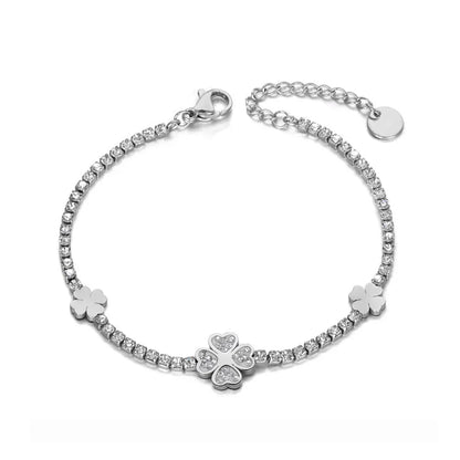 JeeMango Classic Clay Rhinestone Flower Charm Bracelet For Women Stainless Steel CZ Crystal Chain Christmas JB19135