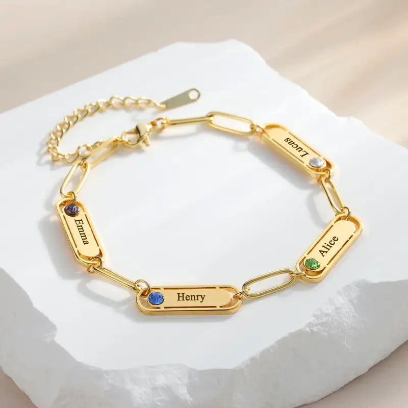 Custom Name Bracelet With Birthstone Personalized Engraved Family Names Bangle Paper-clip Chain Stainless Steel Jewelry