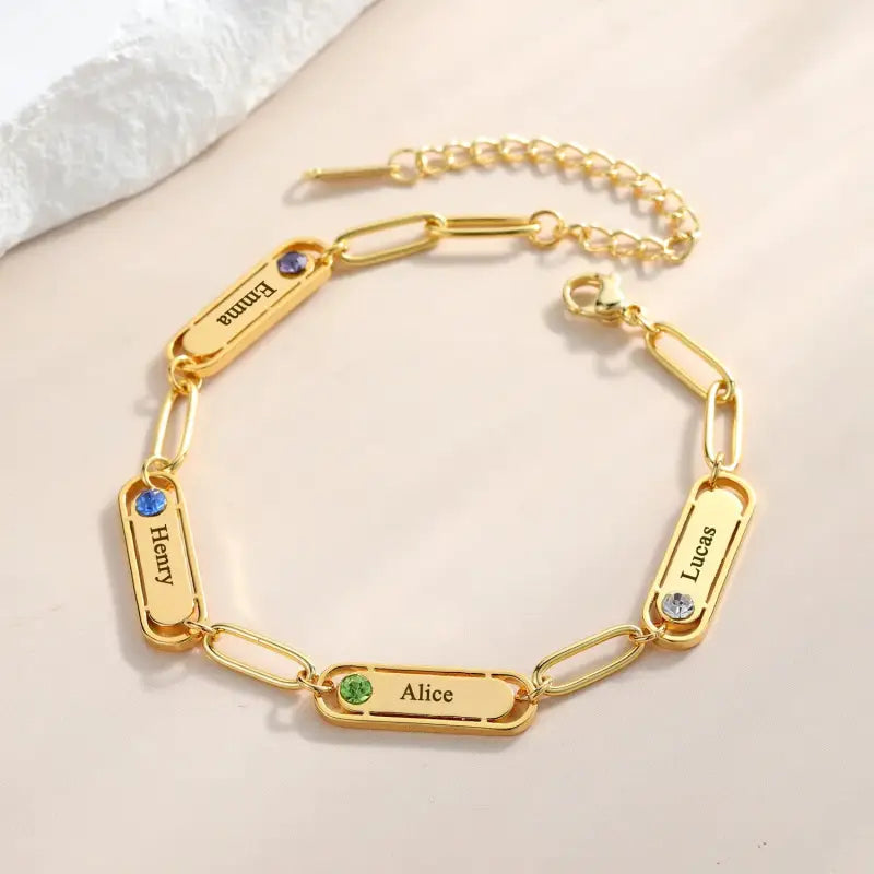 Custom Name Bracelet With Birthstone Personalized Engraved Family Names Bangle Paper-clip Chain Stainless Steel Jewelry