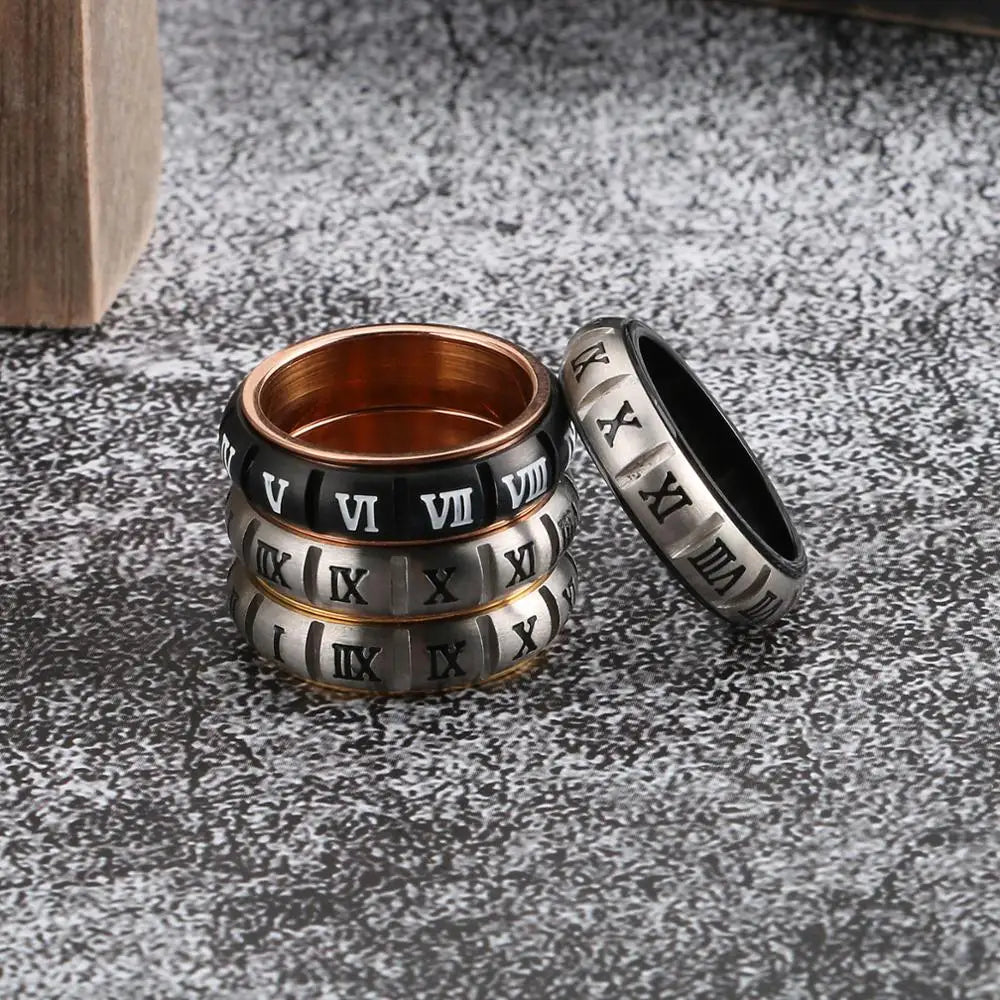 6mm Metal Roman Numerals Men Ring Stainless Steel Fashion Trendy Rotatable Anillos #7~#11 Party Gift Jewelry